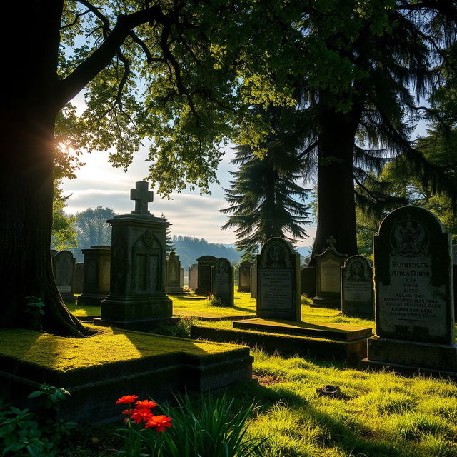 A serene and atmospheric cemetery scene, featuring ancient gravestones covered with moss, surrounded by lush greenery and tall trees