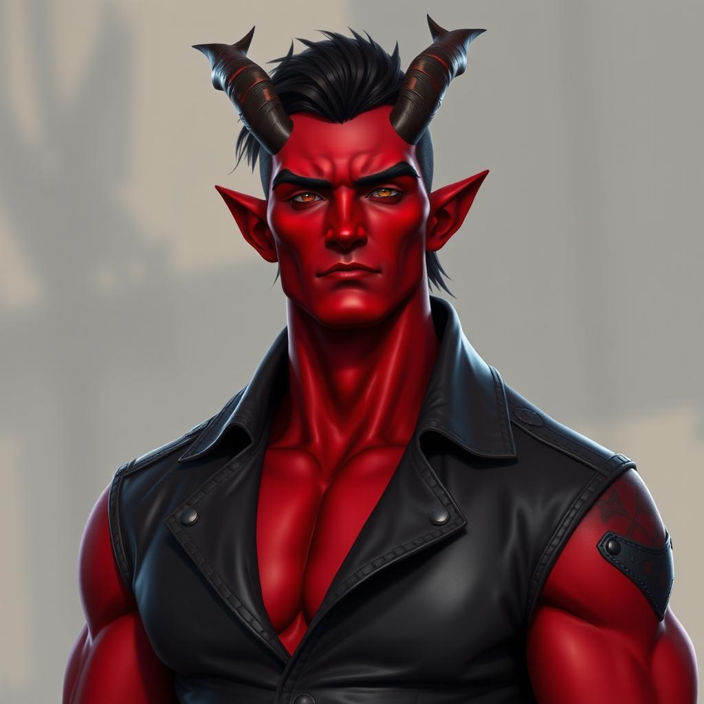 A big, muscular male Qunari with vibrant red skin, dressed in a dark leather coat that fits him perfectly