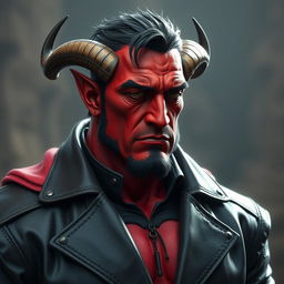 A big, muscular male Qunari with vibrant red skin, dressed in a dark leather coat that fits him perfectly