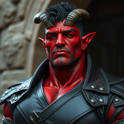 A big, muscular male Qunari with vibrant red skin, dressed in a dark leather coat that fits him perfectly