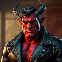 A big, muscular male Qunari with vibrant red skin, dressed in a dark leather coat that fits him perfectly