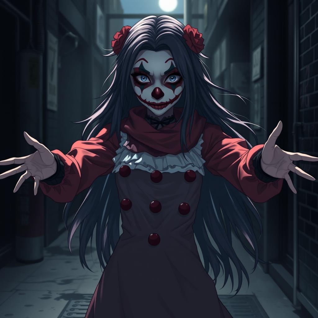 An anime woman standing in a dark alley, featuring striking clown face paint that gives her a scary appearance