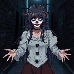An anime woman standing in a dark alley, featuring striking clown face paint that gives her a scary appearance