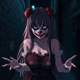 An anime woman standing in a dark alley, featuring striking clown face paint that gives her a scary appearance
