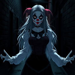 An anime woman standing in a dark alley, featuring striking clown face paint that gives her a scary appearance