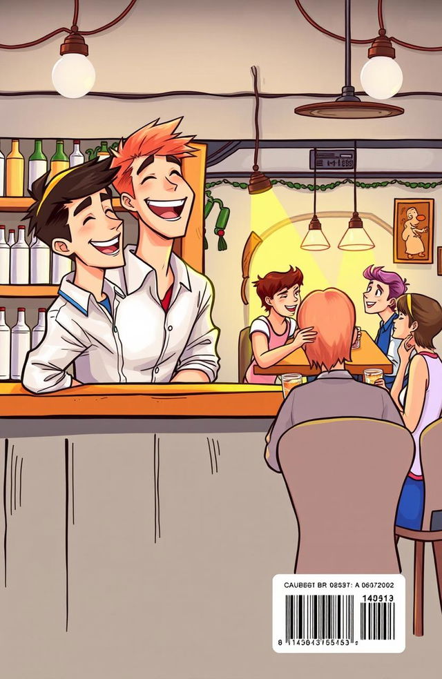 A vibrant cartoon-style book cover featuring a lively bar or kitchen scene