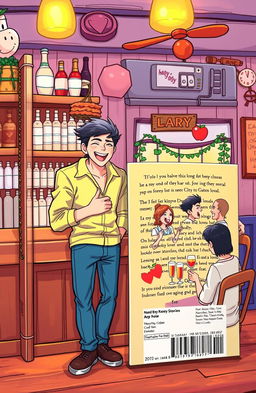 A vibrant cartoon-style book cover featuring a lively bar or kitchen scene