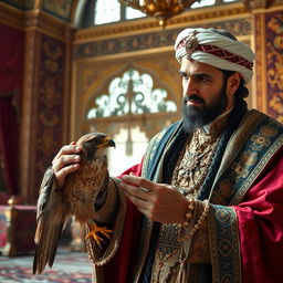 An Iranian king, dressed in regal traditional attire, gently caressing an injured hawk with its feathers plucked