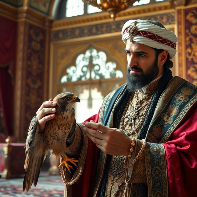 An Iranian king, dressed in regal traditional attire, gently caressing an injured hawk with its feathers plucked