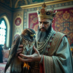 An Iranian king, dressed in regal traditional attire, gently caressing an injured hawk with its feathers plucked