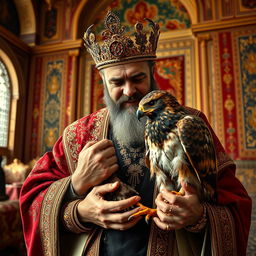 An Iranian king, dressed in regal traditional attire, gently caressing an injured hawk with its feathers plucked