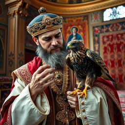 An Iranian king, dressed in regal traditional attire, gently caressing an injured hawk with its feathers plucked