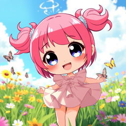 A cute anime girl with large sparkling eyes, vibrant pink hair styled in two playful pigtails, wearing a pastel-colored frilly dress