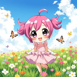 A cute anime girl with large sparkling eyes, vibrant pink hair styled in two playful pigtails, wearing a pastel-colored frilly dress