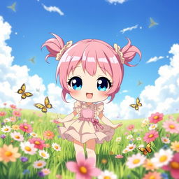 A cute anime girl with large sparkling eyes, vibrant pink hair styled in two playful pigtails, wearing a pastel-colored frilly dress