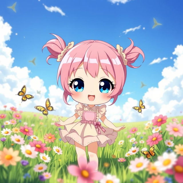 A cute anime girl with large sparkling eyes, vibrant pink hair styled in two playful pigtails, wearing a pastel-colored frilly dress