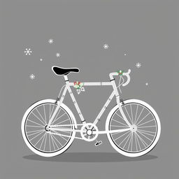 A simple black and white animation style illustration of a cross-country bike adorned for Christmas