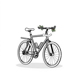 A simple black and white animation style illustration of a cross-country bike adorned for Christmas