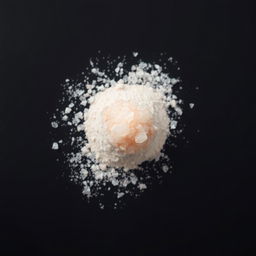 A mound of pink salt powder spread out on a black background, showcasing the delicate texture and color of the salt