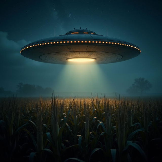 A stunning and atmospheric raw photograph depicting a UFO hovering over a vast cornfield