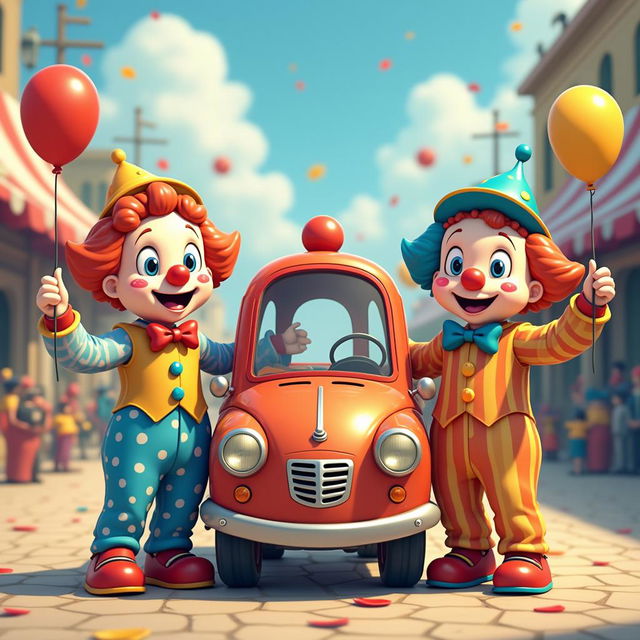 Two colorful anime style clowns standing on either side of a whimsical clown car, both clowns are smiling invitingly as they gesture towards the car, wearing vibrant, exaggerated costumes with polka dots and stripes, one clown holds a balloon in one hand, the other has a oversized bowtie, the clown car is small and cartoonish, painted in bright colors with playful designs, the scene is filled with a cheerful atmosphere, in a sunny carnival setting with confetti in the air