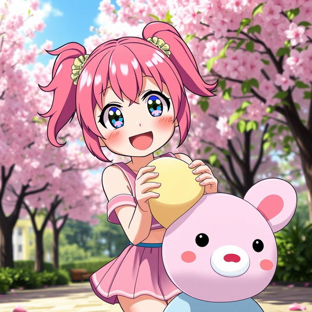 A cute anime girl with big expressive eyes, vibrant pink hair styled in playful pigtails, wearing a bright and colorful outfit consisting of a small crop top and a mini skirt