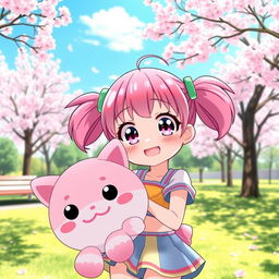 A cute anime girl with big expressive eyes, vibrant pink hair styled in playful pigtails, wearing a bright and colorful outfit consisting of a small crop top and a mini skirt