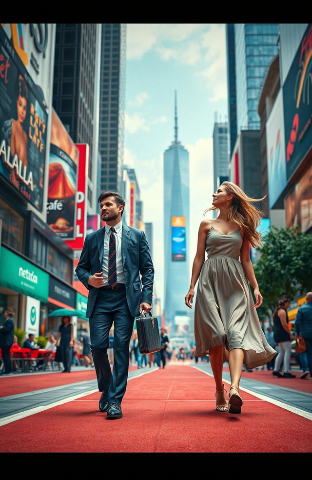 A scene depicting a man and a woman walking on separate paths through a vibrant city