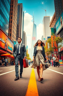 A scene depicting a man and a woman walking on separate paths through a vibrant city