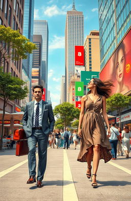 A scene depicting a man and a woman walking on separate paths through a vibrant city