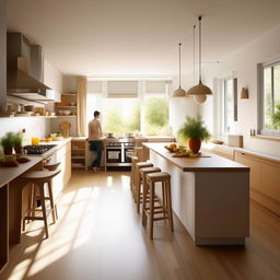 Design a detailed floor plan for a functional and modern kitchen area measuring 19.5 feet by 12.5 feet, suited for two friends in their 30s. It should have double cooking stations and a cozy eating space.