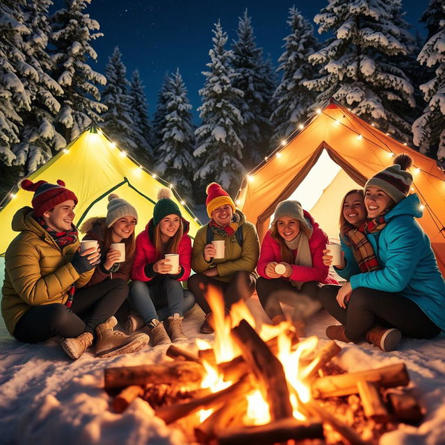 A cozy scene of a group of college students camping on a Christmas night, surrounded by snow-covered pine trees