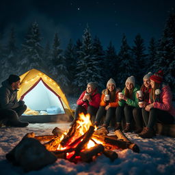 A cozy scene of a group of college students camping on a Christmas night, surrounded by snow-covered pine trees