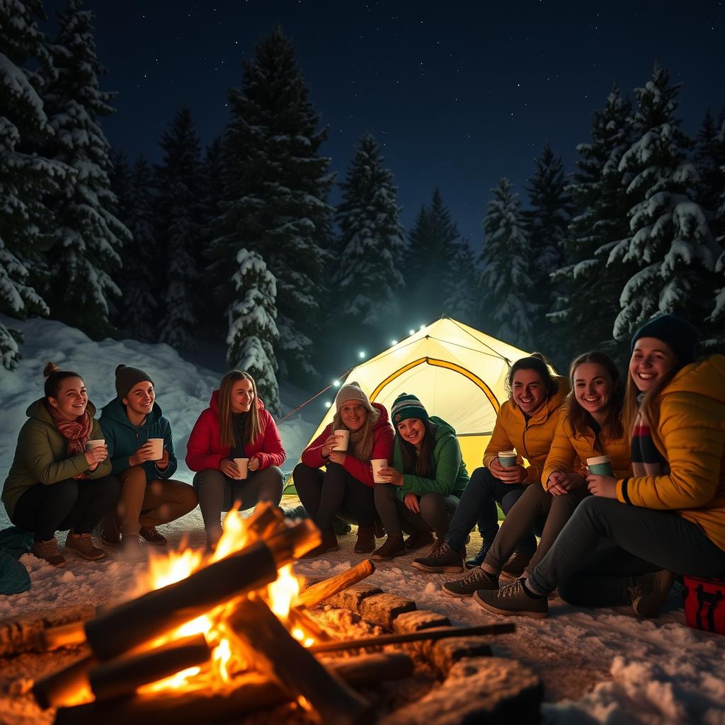 A cozy scene of a group of college students camping on a Christmas night, surrounded by snow-covered pine trees