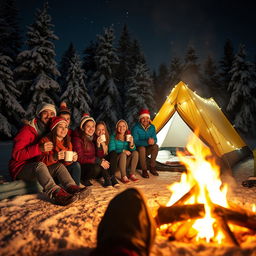 A cozy scene of a group of college students camping on a Christmas night, surrounded by snow-covered pine trees