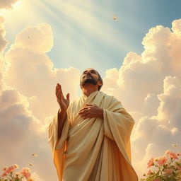 A devoted servant in a posture of prayer before God, set in a beautiful and ethereal sky