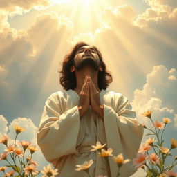A devoted servant in a posture of prayer before God, set in a beautiful and ethereal sky