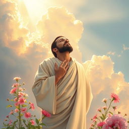 A devoted servant in a posture of prayer before God, set in a beautiful and ethereal sky