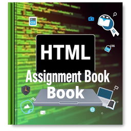 A visually engaging HTML assignment book cover design that showcases coding elements and digital art