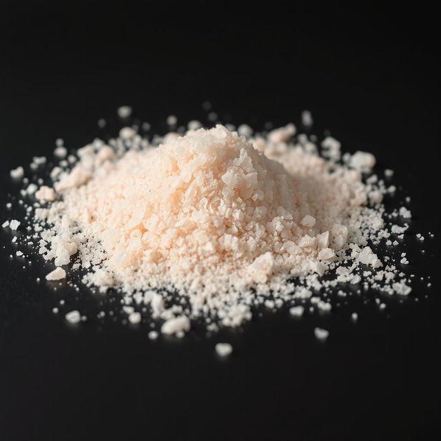 A heap of pink salt powder scattered on a surface, with no other objects in the image