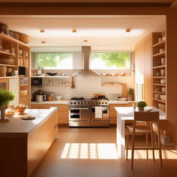 Design a detailed floor plan for a functional and modern kitchen area measuring 19.5 feet by 12.5 feet, suited for two friends in their 30s. It should have double cooking stations and a cozy eating space.