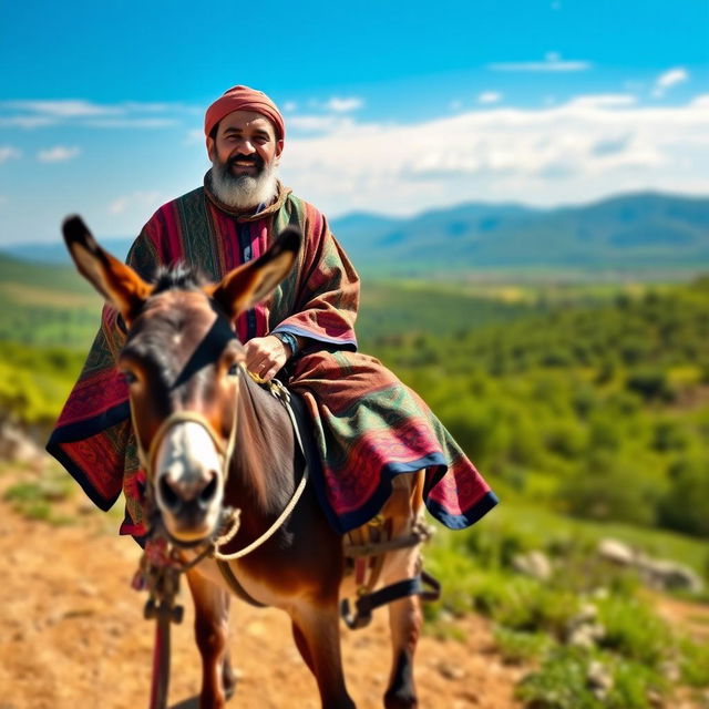 Ehsan Moradi Deh Sheikh from Choram riding a donkey with a joyful expression