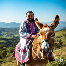 Ehsan Moradi Deh Sheikh from Choram riding a donkey with a joyful expression