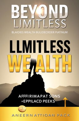 An inspiring and classy book cover for an ebook titled 'BEYOND LIMITLESS PLATINUM WEALTH BUILDERS AFFIRMATION PACK'