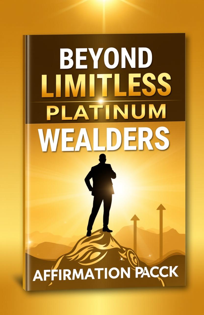 An inspiring and classy book cover for an ebook titled 'BEYOND LIMITLESS PLATINUM WEALTH BUILDERS AFFIRMATION PACK'