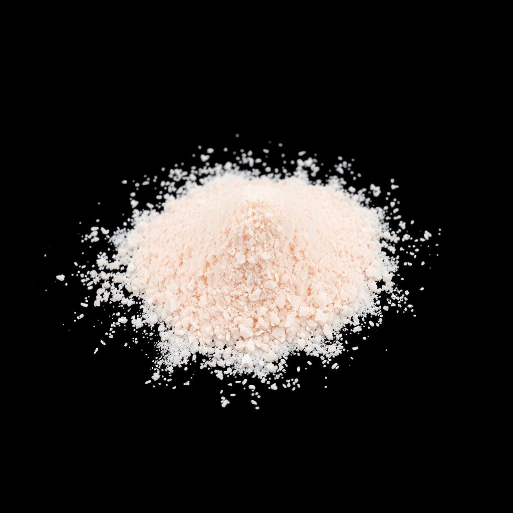 A pile of pink salt powder spilled on the ground, with no other objects present in the image