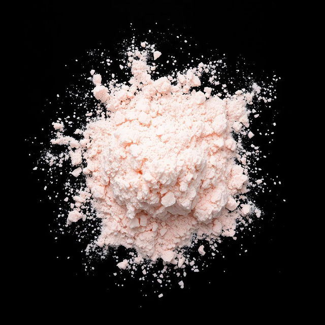 A pile of pink salt powder spilled on the ground, with no other objects present in the image