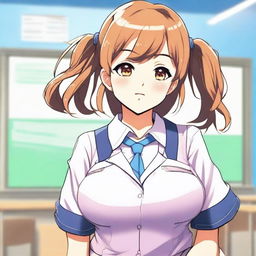 A high-quality digital art image depicting a teenage girl in a school uniform, with a notably curvy figure