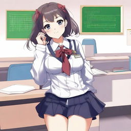 A high-quality digital art image depicting a teenage girl in a school uniform, with a notably curvy figure