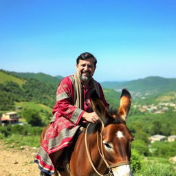 Ehsan Moradi Deh Sheikh, a resident of Choram, riding on a donkey with a cheerful smile